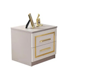 PARIS BEDROOM SET IN BEIGE/GOLD FEATURES A MODREN AND ELEGANT DESIGN . THE SET INCLUDES A 160X200CM BED WITHOUT MATRESS AND 4 DOORS WARDROBE 180X60X205CM AND 3 DRAWERS COMMODE 95X44X80CM AND MIRROR 70X2X80CM AND 2 BEDSIDETABLE 53X44X50CM