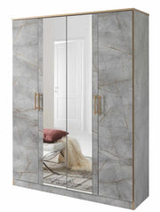 DORMITORIO ALICE EN GRIS/DORADO DISEÑO ELEGANTE. EL CONJUNTO INCLUYE CAMA DE 160X200CM CON SOMIER Y SIN COLCHÓN, ARMARIO DE 4 PUERTAS 163X54X212CM Y CÓMODA DE 4 CAJONES 108X47X71CM CON ESPEJO DE 60X80CM Y 2 MESITAS DE NOCHE DE 48X37X51CM