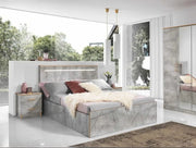 DORMITORIO ALICE EN GRIS/DORADO DISEÑO ELEGANTE. EL CONJUNTO INCLUYE CAMA DE 160X200CM CON SOMIER Y SIN COLCHÓN, ARMARIO DE 4 PUERTAS 163X54X212CM Y CÓMODA DE 4 CAJONES 108X47X71CM CON ESPEJO DE 60X80CM Y 2 MESITAS DE NOCHE DE 48X37X51CM