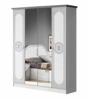 SOFIA BEDROOM SET  IN WHITE/SILVER FEATURES MODREN AND ELEGANT DESIGN . THE SET INCLUDES A BED 160X200CM WITH SOMMIER AND WITHOUT MATRESS AND WITH 4 DOOR WARDROBE 160X51X210CM AND 3 DRAWERS COMMODE 110X42X67CM AND MIRROR AND 2 BEDSIDE TABLE 49X36X47CM