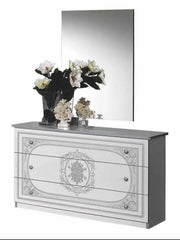 SOFIA BEDROOM SET  IN WHITE/SILVER FEATURES MODREN AND ELEGANT DESIGN . THE SET INCLUDES A BED 160X200CM WITH SOMMIER AND WITHOUT MATRESS AND WITH 4 DOOR WARDROBE 160X51X210CM AND 3 DRAWERS COMMODE 110X42X67CM AND MIRROR AND 2 BEDSIDE TABLE 49X36X47CM