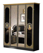 SOFIA BEDROOM SET  IN BLACK/GOLD FEATURES MODREN AND ELEGANT DESIGN . THE SET INCLUDES A BED 160X200CM WITHOUT MATRESS AND WITH 4 DOOR WARDROBE 160X51X210CM AND 3 DRAWERS COMMODE 110X42X67CM AND MIRROR AND 2 BEDSIDE TABLE 49X36X47CM