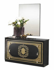 SOFIA BEDROOM SET  IN BLACK/GOLD FEATURES MODREN AND ELEGANT DESIGN . THE SET INCLUDES A BED 160X200CM WITHOUT MATRESS AND WITH 4 DOOR WARDROBE 160X51X210CM AND 3 DRAWERS COMMODE 110X42X67CM AND MIRROR AND 2 BEDSIDE TABLE 49X36X47CM