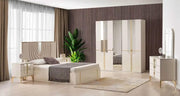 ATLANTIS BEDROOM SET IN BEIGE/GOLD FEATURES A MODREN AND ELEGANT DESIGN . THE SET INCLUDES A 160X200CM BED WITHOUT MATRESS AND 4 DOORS WARDROBE 200X60X210CM AND 3 DRAWERS COMMODE 80X45X105CM AND MIRROR AND 2 BEDSIDE TABLES 62X40CM