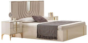 ATLANTIS BEDROOM SET IN BEIGE/GOLD FEATURES A MODREN AND ELEGANT DESIGN . THE SET INCLUDES A 160X200CM BED WITHOUT MATRESS AND 4 DOORS WARDROBE 200X60X210CM AND 3 DRAWERS COMMODE 80X45X105CM AND MIRROR AND 2 BEDSIDE TABLES 62X40CM