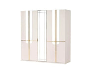 ATLANTIS BEDROOM SET IN BEIGE/GOLD FEATURES A MODREN AND ELEGANT DESIGN . THE SET INCLUDES A 160X200CM BED WITHOUT MATRESS AND 4 DOORS WARDROBE 200X60X210CM AND 3 DRAWERS COMMODE 80X45X105CM AND MIRROR AND 2 BEDSIDE TABLES 62X40CM