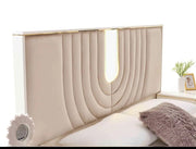 ATLANTIS BEDROOM SET IN BEIGE/GOLD FEATURES A MODREN AND ELEGANT DESIGN . THE SET INCLUDES A 160X200CM BED WITHOUT MATRESS AND 4 DOORS WARDROBE 200X60X210CM AND 3 DRAWERS COMMODE 80X45X105CM AND MIRROR AND 2 BEDSIDE TABLES 62X40CM