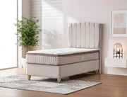 CONJUNTO DE BASE ANCONA 90X190 CM EN TERCIOPELO BEIGE COMBINA DISEÑO EN CABECERO CON CANAPÉ INCLUYE (SIN COLCHÓN)