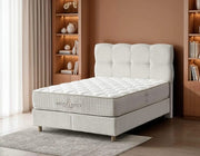 BASE AURA 160X200 CM TAPIZADA EN TELA BEIGE Y ELEGANTE DISEÑO EN CABECERO CON CANAPÉ INCLUIDO (SIN COLCHÓN)