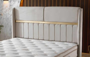 ESTELLE BASE SET 160X200CM IN BEIGE VELVET WITH GOLD ELEGANT DESIGN ON HEADBOARD WITH CANAPE INCLUDES (WITHOUT MATRESS)