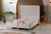 THE ALBA BASE SET 160X200CM IN BEIGE VELVET COMBINES SMALL SQUARES ON HEADBOARD DESIGN WITH CANAPE INCLUDES (WITHOUT MATRESS)