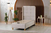 THE ALBA BASE SET 90X190CM IN BEIGE VELVET COMBINES SMALL SQUARES ON HEADBOARD DESIGN WITH CANAPE INCLUDES (WITHOUT MATRESS)