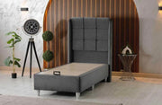 LA BASE ALBA 90X190CM EN TERCIOPELO GRIS COMBINA PEQUEÑOS CUADROS EN EL DISEÑO DEL CABECERO CON CANAPÉ INCLUIDO (SIN COLCHÓN)