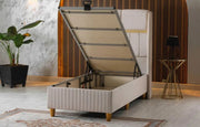 ESTELLE BASE SET 90X190CM IN BEIGE VELVET WITH GOLD ELEGANT DESIGN ON HEADBOARDWITH CANAPE INCLUDES (WITHOUT MATRESS)