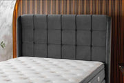 THE ALBA BASE SET 160X200CM IN GREY VELVET COMBINES SMALL SQUARES ON HEADBOARD DESIGN WITH CANAPE INCLUDES (WITHOUT MATRESS)