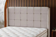 THE ALBA BASE SET 160X200CM IN BEIGE VELVET COMBINES SMALL SQUARES ON HEADBOARD DESIGN WITH CANAPE INCLUDES (WITHOUT MATRESS)