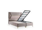 EL CONJUNTO BASE LYON DE 160X200 CM EN TERCIOPELO BEIGE/ORO COMBINA DISEÑO DE CABECERO CON CANAPÉ INCLUIDO (SIN COLCHÓN)