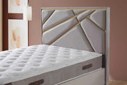 THE RESITAL BASE SET 160X200CM IN BEIGE/GOLD VELVET COMBINES ELEGANT LINES ON HAEDBOARD WITH CANAPE INCLUDES (WITHOUT MATRESS)