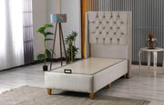 LA BASE ALICANTE DE 90X190 CM OFRECE UNA ZONA PARA DORMIR AMPLIA Y CÓMODA CON UN CABECERO MODERNO CON BOTONES. EN TERCIOPELO COLOR BEIGE CON CANAPÉ SIN COLCHÓN