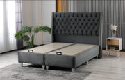 THE ALICANTE BASE SET 140X190 CM OFFERS A SPACIOUS AND COMFORTABLE SLEEPING AREA WITH A MODRESN TUFTED HEADBOARD DESGIN.IN GREY COLOR VELVET WITH CANAPE WITHOUT MATRESS