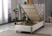 LA BASE ALICANTE DE 90X190 CM OFRECE UNA ZONA PARA DORMIR AMPLIA Y CÓMODA CON UN CABECERO MODERNO CON BOTONES. EN TERCIOPELO COLOR BEIGE CON CANAPÉ SIN COLCHÓN
