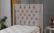 LA BASE ALICANTE DE 90X190 CM OFRECE UNA ZONA PARA DORMIR AMPLIA Y CÓMODA CON UN CABECERO MODERNO CON BOTONES. EN TERCIOPELO COLOR BEIGE CON CANAPÉ SIN COLCHÓN