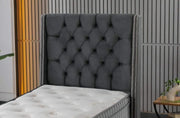 THE ALICANTE BASE SET 90X190 CM OFFERS A SPACIOUS AND COMFORTABLE SLEEPING AREA WITH A MODRESN TUFTED HEADBOARD DESGIN.IN GREY COLOR VELVET WITH CANAPE WITHOUT MATRESS