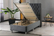 THE ALICANTE BASE SET 90X190 CM OFFERS A SPACIOUS AND COMFORTABLE SLEEPING AREA WITH A MODRESN TUFTED HEADBOARD DESGIN.IN GREY COLOR VELVET WITH CANAPE WITHOUT MATRESS