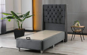 THE ALICANTE BASE SET 90X190 CM OFFERS A SPACIOUS AND COMFORTABLE SLEEPING AREA WITH A MODRESN TUFTED HEADBOARD DESGIN.IN GREY COLOR VELVET WITH CANAPE WITHOUT MATRESS