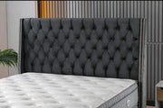 THE ALICANTE BASE SET 140X190 CM OFFERS A SPACIOUS AND COMFORTABLE SLEEPING AREA WITH A MODRESN TUFTED HEADBOARD DESGIN.IN GREY COLOR VELVET WITH CANAPE WITHOUT MATRESS