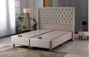 THE ALICANTE BASE SET 140X190 CM OFFERS A SPACIOUS AND COMFORTABLE SLEEPING AREA WITH A MODRESN TUFTED HEADBOARD DESGIN.IN BEIGE COLOR VELVET WITH CANAPE WITHOUT MATRESS