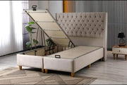 THE ALICANTE BASE SET 140X190 CM OFFERS A SPACIOUS AND COMFORTABLE SLEEPING AREA WITH A MODRESN TUFTED HEADBOARD DESGIN.IN BEIGE COLOR VELVET WITH CANAPE WITHOUT MATRESS