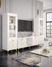 GUCCI BEIGE AND GOLD LIVING ROOM SET INCLUDES 6 PEICES (SIDEBOARD-180X48X83CM , COFFEE TABLE-110X60X43CM, DISPLAY CABINET 2 DOORS- 11X45X184CM , DISPLAY CABINET 1 DOOR- 55X45X184 CM , DINNING TABLE- 160X90X77CM , TV CABINET-164X67X48CM)