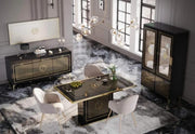GUCCI BLACK AND GOLD LIVING ROOM SET INCLUDES 6 PEICES (SIDEBOARD-180X48X83CM , COFFEE TABLE-110X60X43CM, DISPLAY CABINET 2 DOORS- 11X45X184CM , DISPLAY CABINET 1 DOOR- 55X45X184 CM , DINNING TABLE- 160X90X77CM , TV CABINET-164X67X48CM)