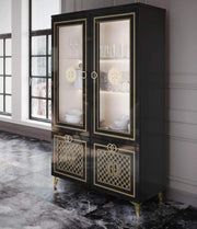 GUCCI BLACK AND GOLD LIVING ROOM SET INCLUDES 6 PEICES (SIDEBOARD-180X48X83CM , COFFEE TABLE-110X60X43CM, DISPLAY CABINET 2 DOORS- 11X45X184CM , DISPLAY CABINET 1 DOOR- 55X45X184 CM , DINNING TABLE- 160X90X77CM , TV CABINET-164X67X48CM)