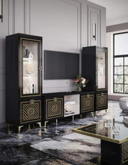 GUCCI BLACK AND GOLD LIVING ROOM SET INCLUDES 6 PEICES (SIDEBOARD-180X48X83CM , COFFEE TABLE-110X60X43CM, DISPLAY CABINET 2 DOORS- 11X45X184CM , DISPLAY CABINET 1 DOOR- 55X45X184 CM , DINNING TABLE- 160X90X77CM , TV CABINET-164X67X48CM)