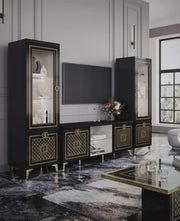 GUCCI BLACK AND GOLD LIVING ROOM SET INCLUDES 6 PEICES (SIDEBOARD-180X48X83CM , COFFEE TABLE-110X60X43CM, DISPLAY CABINET 2 DOORS- 11X45X184CM , DISPLAY CABINET 1 DOOR- 55X45X184 CM , DINNING TABLE- 160X90X77CM , TV CABINET-164X67X48CM)