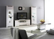 MISTRAL LIVING ROOM SET IN WHITE AND OFF BEIGE MIXED WITH SILVER INCLUDES 7 PIECES (SIDEBOARD- 190X45X84CM , DISPLAY CABINET 2 DOORS - 104X41X185CM  , DISPLAY CABINET 1 DOOR - 60X41X185CM ,DINNING TABLE - 160X90X77 CM ,TV CABINET- 152X45X55CM)