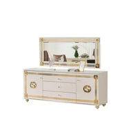 GUGI BEIGE AND GOLD LIVING ROOM SET 7 PEICES ( SIDEBOARD-195X47X78CM , MIRROR- 160X2X65CM , DISPLAY CABINET 2-1 DOOR 115X47X176 CM / 57X47X176CM ,DINNING TABLE-160X90X80CM , TV CABINET-160X47X62 CM , COFFEE TABLE 120X65X50CM )