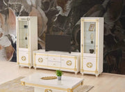 GUGI BEIGE AND GOLD LIVING ROOM SET 7 PEICES ( SIDEBOARD-195X47X78CM , MIRROR- 160X2X65CM , DISPLAY CABINET 2-1 DOOR 115X47X176 CM / 57X47X176CM ,DINNING TABLE-160X90X80CM , TV CABINET-160X47X62 CM , COFFEE TABLE 120X65X50CM )