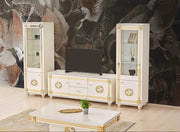 GUGI BEIGE AND GOLD LIVING ROOM SET 7 PEICES ( SIDEBOARD-195X47X78CM , MIRROR- 160X2X65CM , DISPLAY CABINET 2-1 DOOR 115X47X176 CM / 57X47X176CM ,DINNING TABLE-160X90X80CM , TV CABINET-160X47X62 CM , COFFEE TABLE 120X65X50CM )