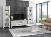 ELITE WHITE WITH GOLD LIVING ROOM SET 6 PIECES ( SIDEBOARD - 150X48X88 CM , DISPLAY CABINET 1-2 -100X46X180 , 55X46X180CM DINNING TABLE - 160/200X90X77CM , TV CABINET- 150X48X55CM , COFFE TABLE -120X65X46CM)