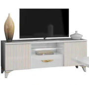 ELITE WHITE WITH GOLD LIVING ROOM SET 6 PIECES ( SIDEBOARD - 150X48X88 CM , DISPLAY CABINET 1-2 -100X46X180 , 55X46X180CM DINNING TABLE - 160/200X90X77CM , TV CABINET- 150X48X55CM , COFFE TABLE -120X65X46CM)