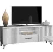 ELITE WHITE WITH SILVER LIVING ROOM SET 6 PIECES ( SIDEBOARD - 150X48X88 CM , DISPLAY CABINET 2-1 -100X46X180 , 55X46X180CM DINNING TABLE - 160/200X90X77CM , TV CABINET- 150X48X55CM , COFFE TABLE -120X65X46CM)