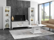 ELITE WHITE WITH SILVER LIVING ROOM SET 6 PIECES ( SIDEBOARD - 150X48X88 CM , DISPLAY CABINET 2-1 -100X46X180 , 55X46X180CM DINNING TABLE - 160/200X90X77CM , TV CABINET- 150X48X55CM , COFFE TABLE -120X65X46CM)