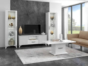 ELITE WHITE WITH SILVER LIVING ROOM SET 6 PIECES ( SIDEBOARD - 150X48X88 CM , DISPLAY CABINET 2-1 -100X46X180 , 55X46X180CM DINNING TABLE - 160/200X90X77CM , TV CABINET- 150X48X55CM , COFFE TABLE -120X65X46CM)