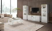 MINA LIVING ROOM SET IN BEIGE AND GOLD INCLUDES 6 PIECES ( SIDEBOARD-183X47X86 DISPLAY CABINET DOOR 2-1 - 119X47X184CM / 60X47X184 CM , DINNING TABLE 160/200X90X78CM , TV CABINET 150X47X65CM , COFFEE TABLE - 110X60X45CM)