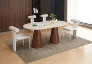 CORNE DINNING TABLE  FEATURES A CORNER LEG DESIGN WITH A WALNUT-EFFECT MDF BASE AND A TRAVERTINE-LOOK TABLETOP 180X90X75 CM