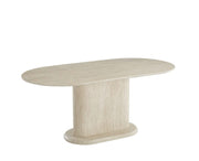 LA MESA DE COMEDOR LOKA PRESENTA UNA BASE CON EFECTO TRAVERTINO Y UNA CUBIERTA DE CERÁMICA DE TRAVERTINO MATE CON UN ASPECTO DE PIEDRA MODERNO. 180X90X75CM