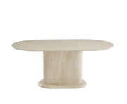 LA MESA DE COMEDOR LOKA PRESENTA UNA BASE CON EFECTO TRAVERTINO Y UNA CUBIERTA DE CERÁMICA DE TRAVERTINO MATE CON UN ASPECTO DE PIEDRA MODERNO. 180X90X75CM